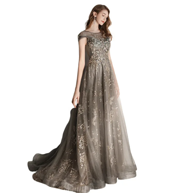 

Cheap Evening Dress with Short Sleeves A Line Lace Applique Sheer Neck Keyhole Back Sweep Train Prom Party Gowns