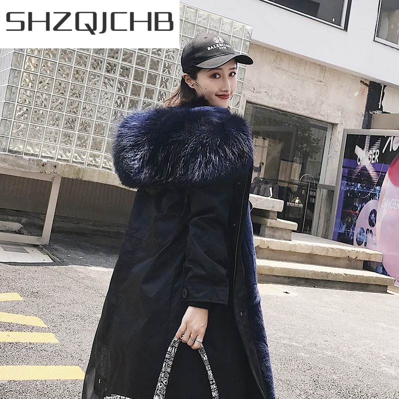 

SHZQ роскошное Женское пальто из натурального меха, женская зимняя парка 2021, Женская куртка с большим воротником из лисьего меха TM108