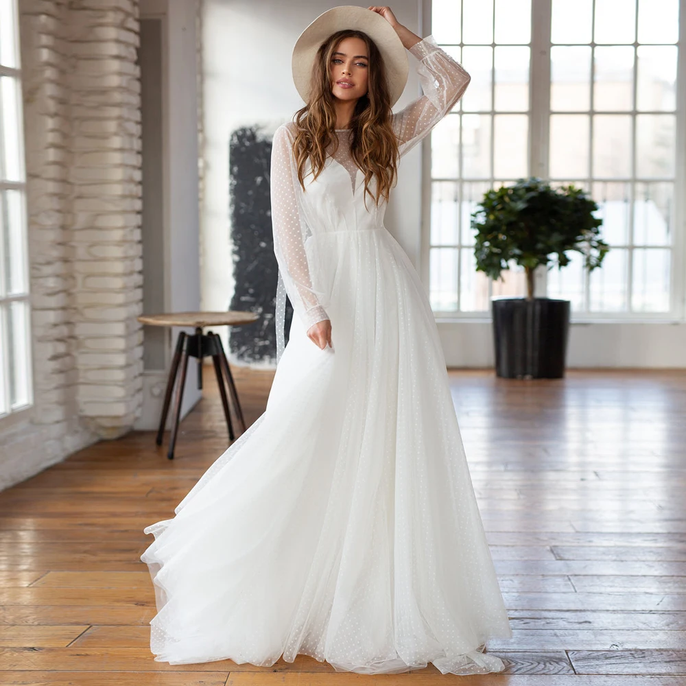 

Sexy Wedding Dress Boho Design Bride O Neck Long Sleeves Dot Tulle Bridal Gowns Sweep Train A Line Wedding Dresses