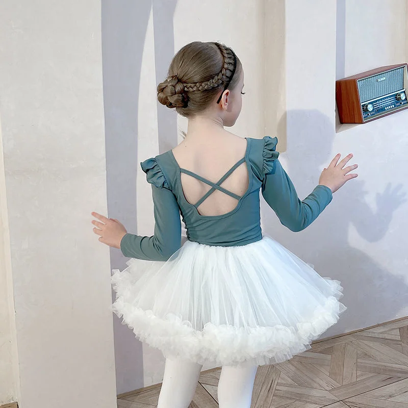 

Children's Dancewear Spring Autumn Long Sleeve Girl's Split Suit Toddler Ballet Skirt Dance Exam Suit Kids Dancing Without Pants