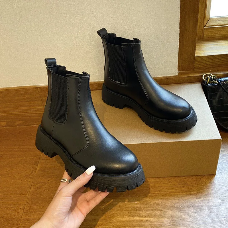

2021 Autumn New Women's Boots Chelsea Short Boots Thick-soled Round Toe Square Root Boots Comfortable Casual Shoes Flat Boots