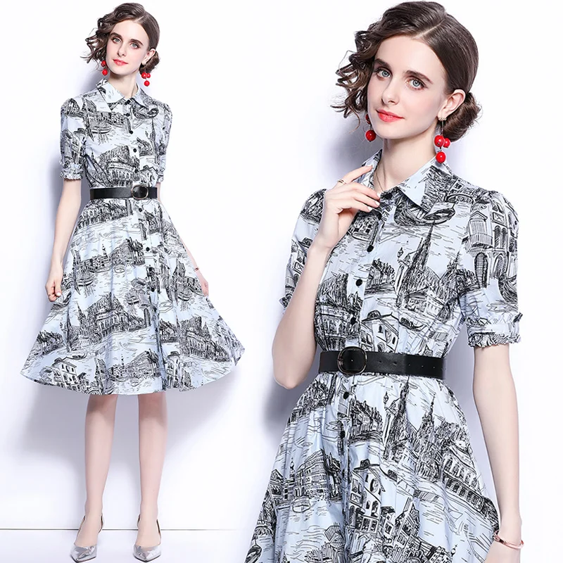 

Simgent Belted Dress Women Sumer Elegant Short Sleeve Turn Down Collar Print Blouse Dresses Vestidos Robe Femme SG15202
