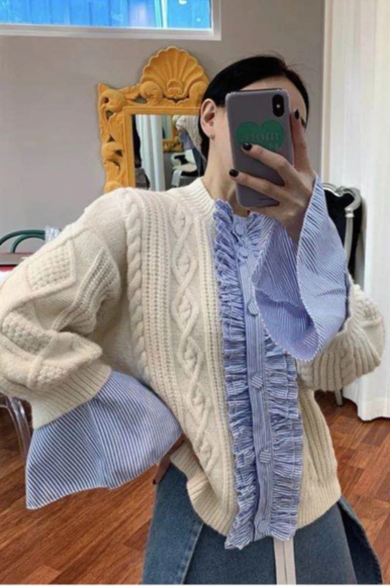

Retro Ruffles Patchwork Striped Thin V Neck Flare Sleeve Sweater Blouse Women