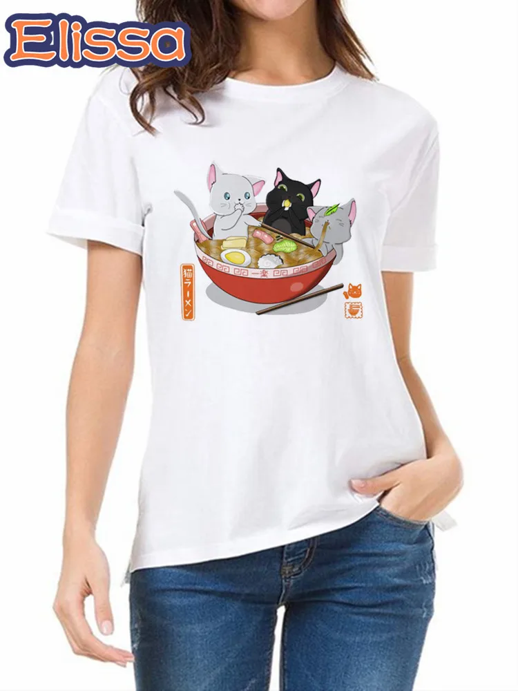 

Ramen Cat Print T Shirts Women's T-shirt Ulzzang Short Sleeve Female Tops Tees Harajuku Girl T shirt Anime pattern Streetwear