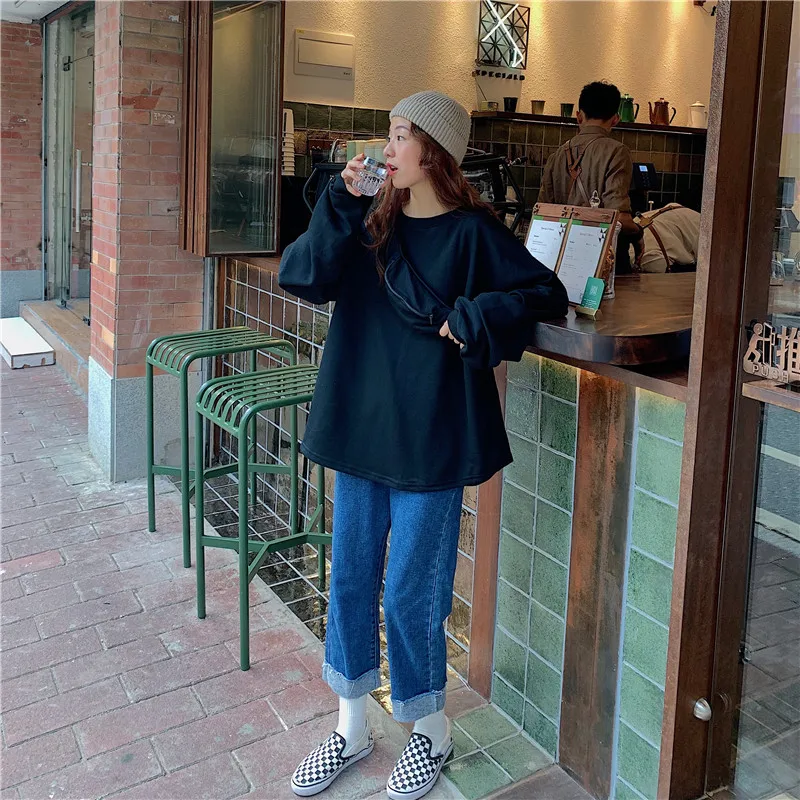 

Woman Sweatshirts 2021 Sweet Korean O-neck Knitted Pullovers Thick Autumn Winter Candy Color Loose Hoodies Solid Womens Clothing