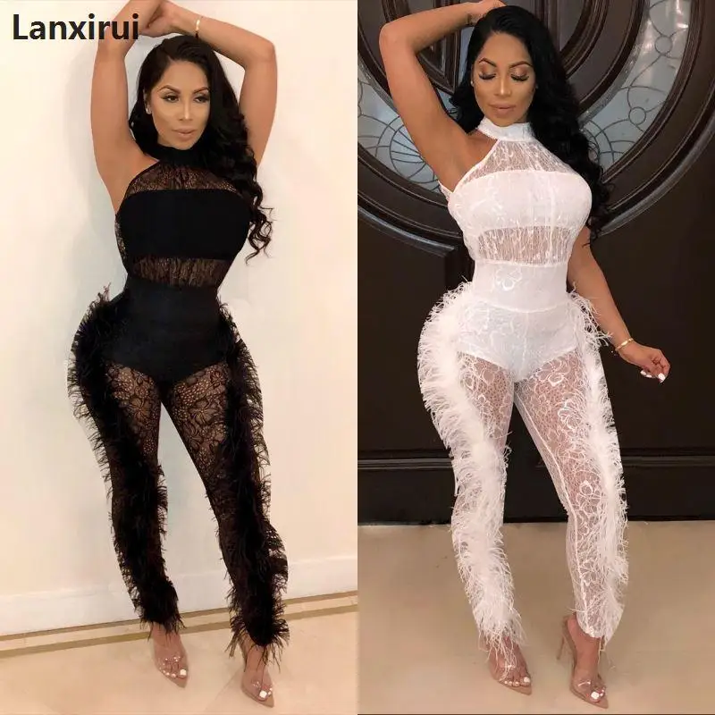 

New Celebrity Nude Black Lace Hollow Out Rayon Bandage Jumpsuit Top Quality Evening Party Jumpsuit