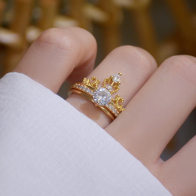 

Delicate Jewelry 14K Gold Plated Adjustable Crystal Crown Rings for Women Simple Style Cubic Zircon Rings Set