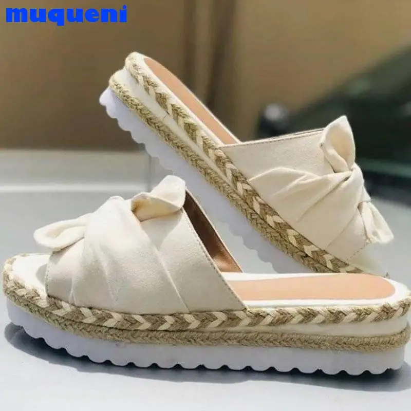 

Women Slippers 2021 Summer Platform Wedges Mid Heels Bow Tie Peep Toe Fashion Slides Beach Outdoor Ladies Shoes Zapatos De Mujer