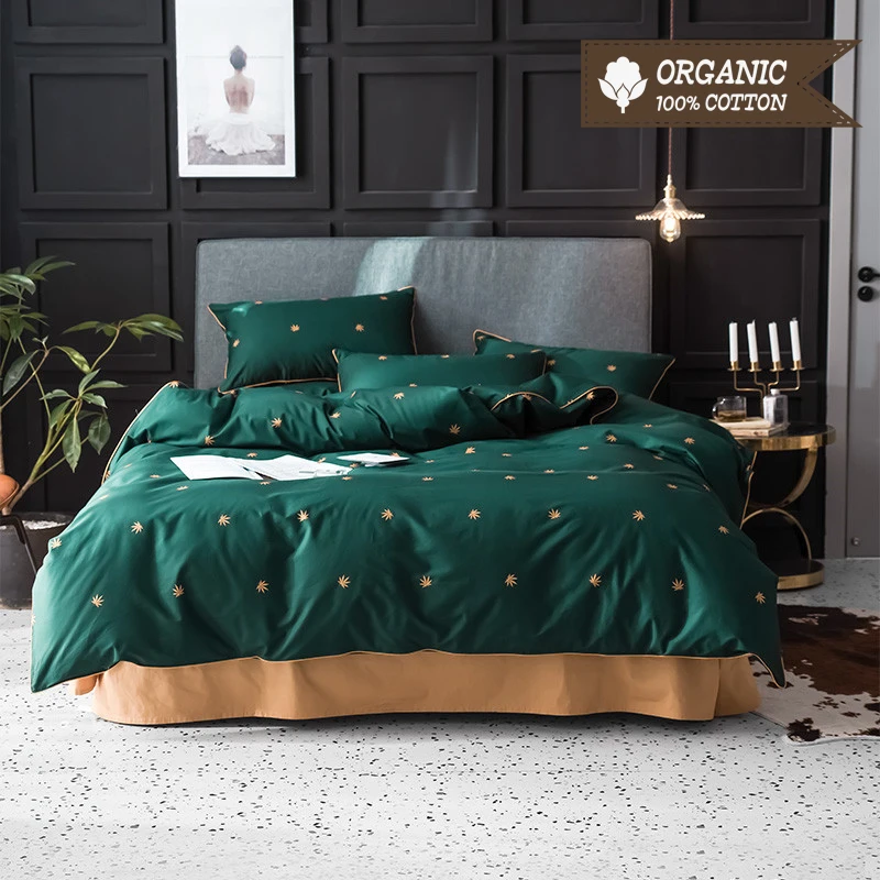 100% хлопок Комплект постельного белья сплошной цвет с мультяшными листьями