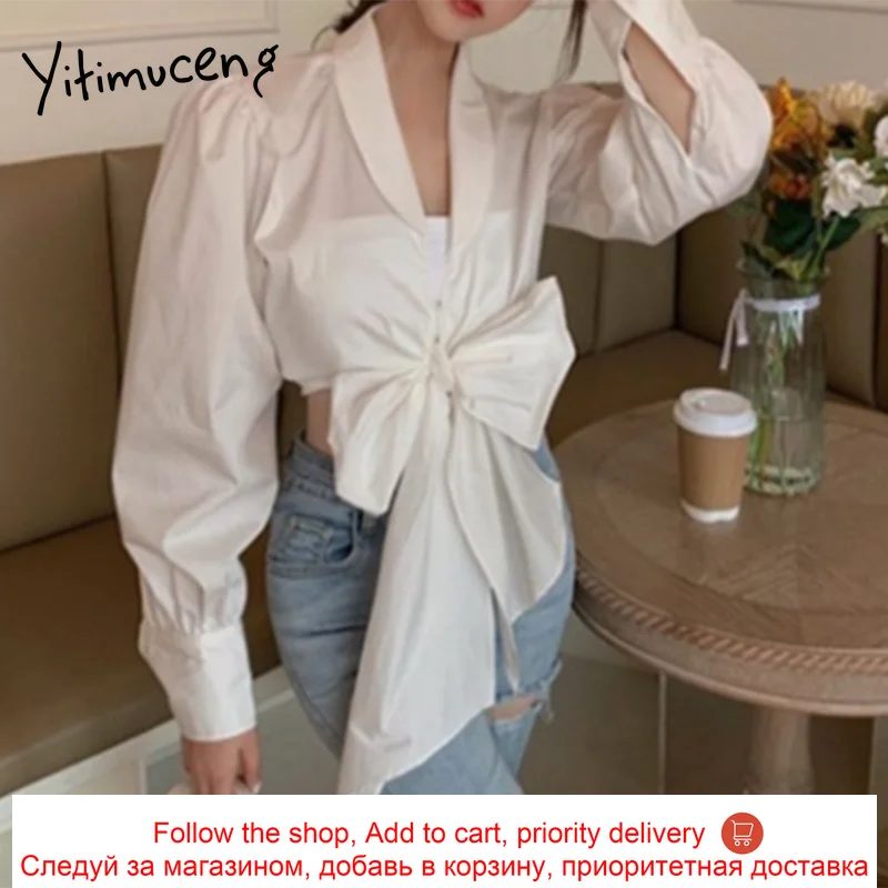 

Yitimuceng Pleated Women Blouses Blue Long Puff Sleeve Shirt Solid Bow Office Lady Clothing Turn-Down Collar Elegant Fashion