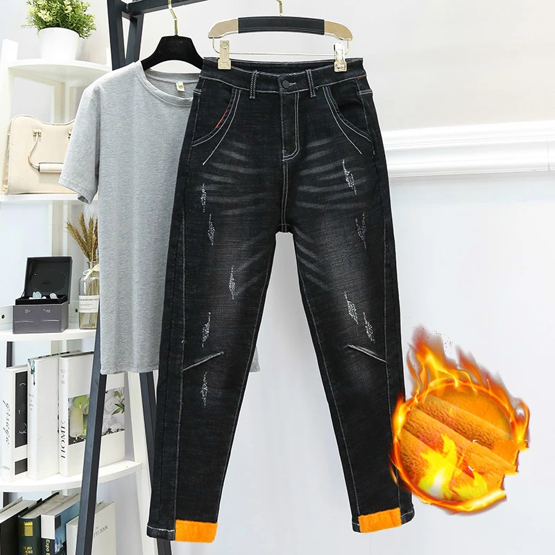 Женские зимние джинсы-бойфренды модные пикантные однотонные флисовые шаровары