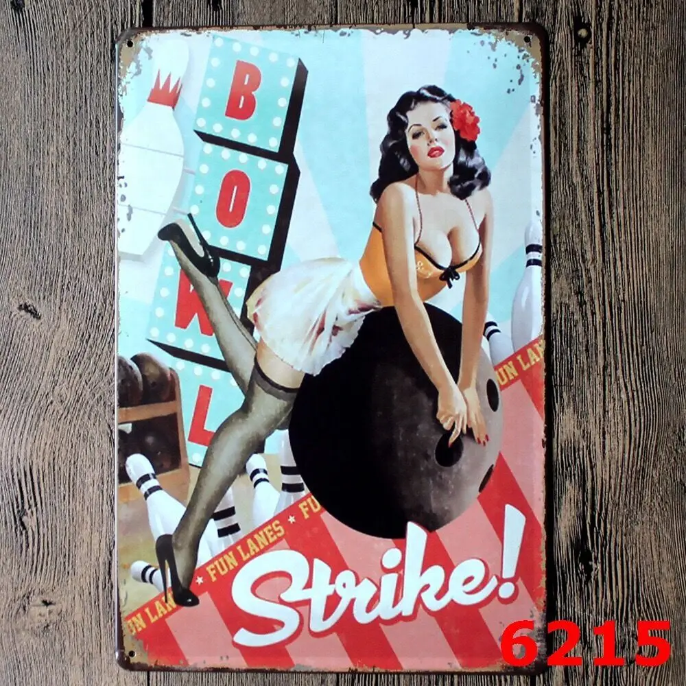 

Metal Tin Sign bowl strike girl Decor Bar Pub Home Vintage Retro Poster Cafe