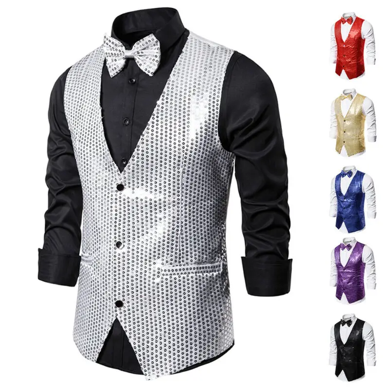 2019 Men Shiny Sequin Glitter Embellished Blazer Jacket Vests With Bow Tie Nightclub Evening Party Suits | Мужская одежда