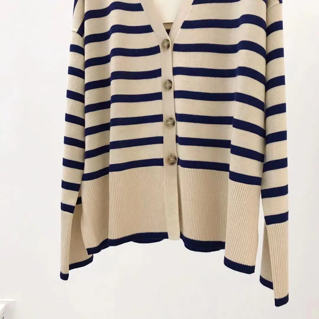 

Women's Wool Blend Sweaters Single Breasted Stripes Hem Slit V-nek 2021 Autumn Winter New Female Long Sleeve Knit Cardigans