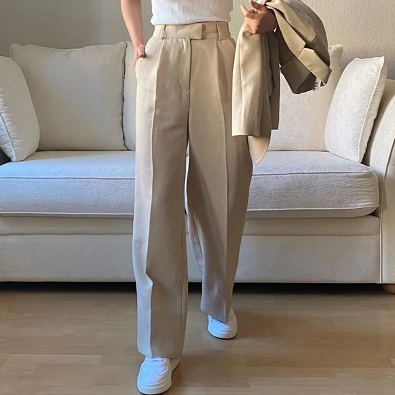 

Beige Wide Legs Pants Korean Women Cropped Casual Ladies Office Wear Slim Fashionable Formal Classic Woman Trousers
