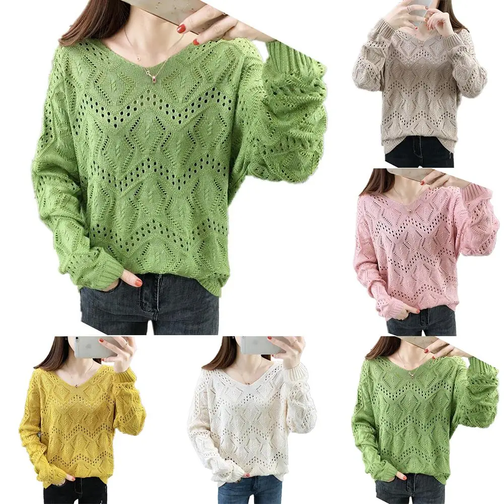 

Women V Neck Long Sleeve Baggy Jumper Sweater Solid Color Casual Pullover Knitted Tops