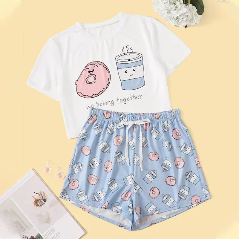 

Women's Sleepwear Shorts Set Cute Cartoon Print Female Pajamas Sweet Short Sleeve T Shirt And Elastic Waist Trousers 2021 Summer