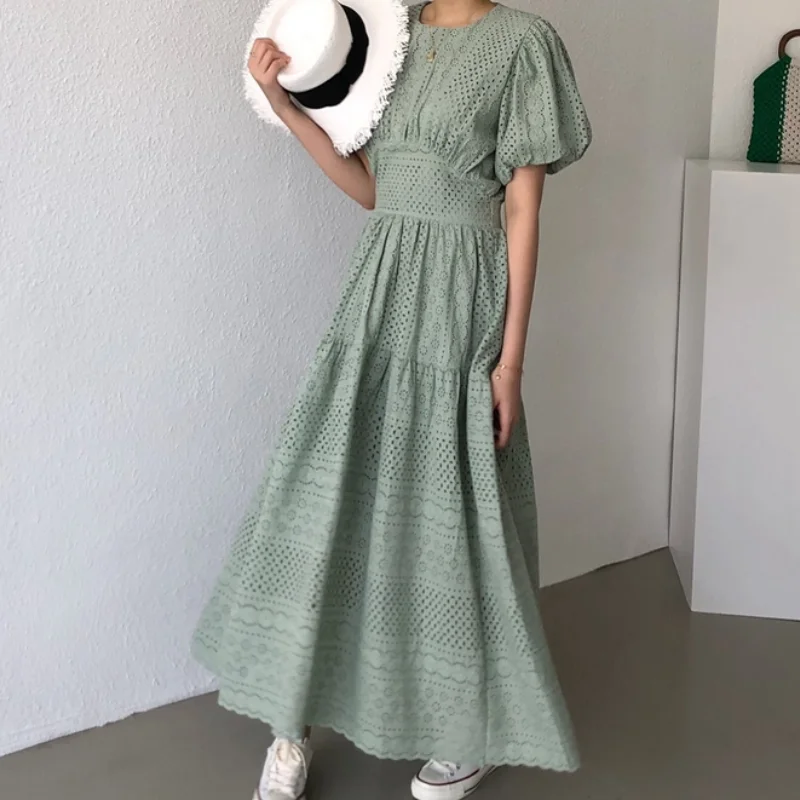 

Elegant O Neck Puff Sleeve Lace Hollow Hook Flower Woman Dress Exquisite Feminino Slim Waist Robe A Line Korean Chic Vestidos