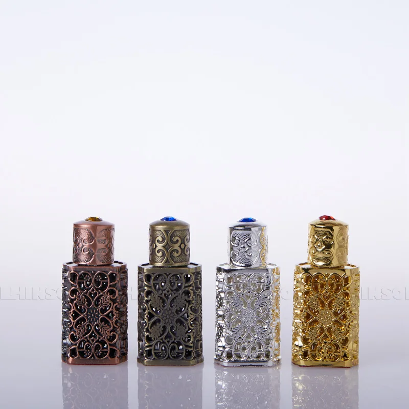 

3ml Antiqued Metal Perfume Bottle Arabic Style Essential Oils Bottle Alloy Royal Glass Bottles for Perfume Packaging