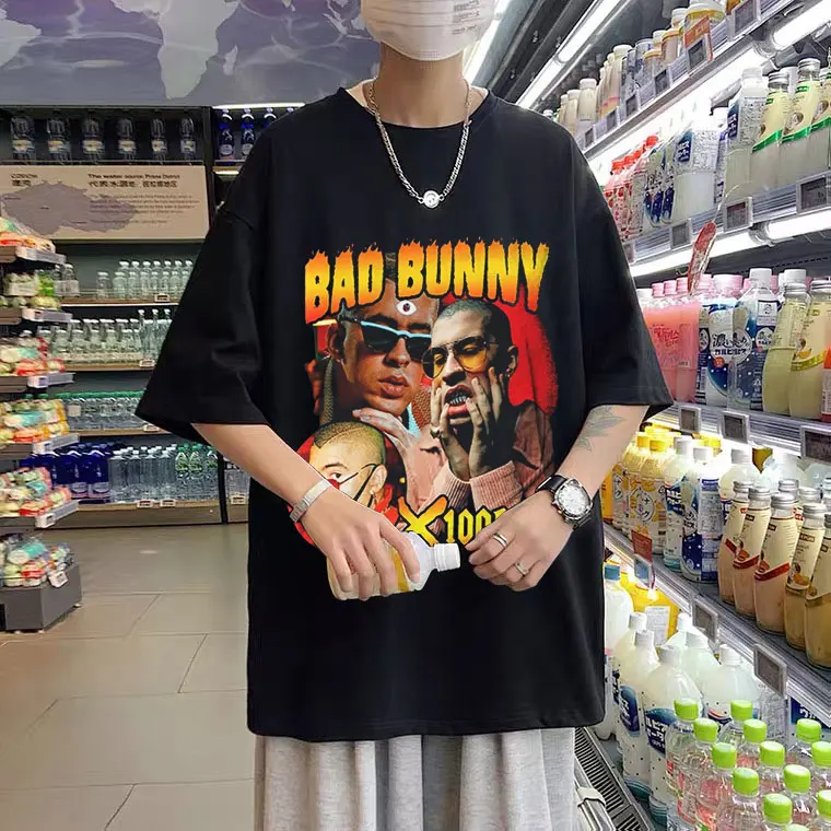 

Trendy Personality Rapper Bad Bunny YHLQMDLG Print T-shirt Short Sleeve Mens Fashion Loose T Shirts Men Women Hip Hop Tee Tops