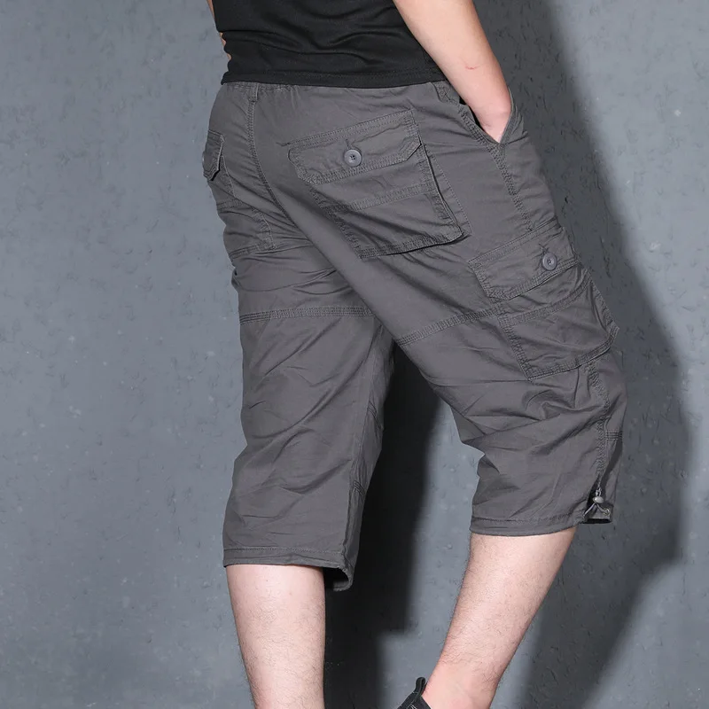 

Summer Men's Baggy Multi Pocket Cargo Straight Shorts Breeches Male Long Army Green Khaki Mens Loose Short Plus Size S-5XL
