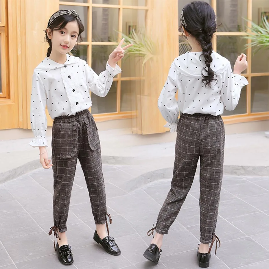 Children School Clothes Dot Pattern Costume For Girls White Blouse + Jumpsuit 2PCS Tracksuit Girl Plaid Kids Clothing |