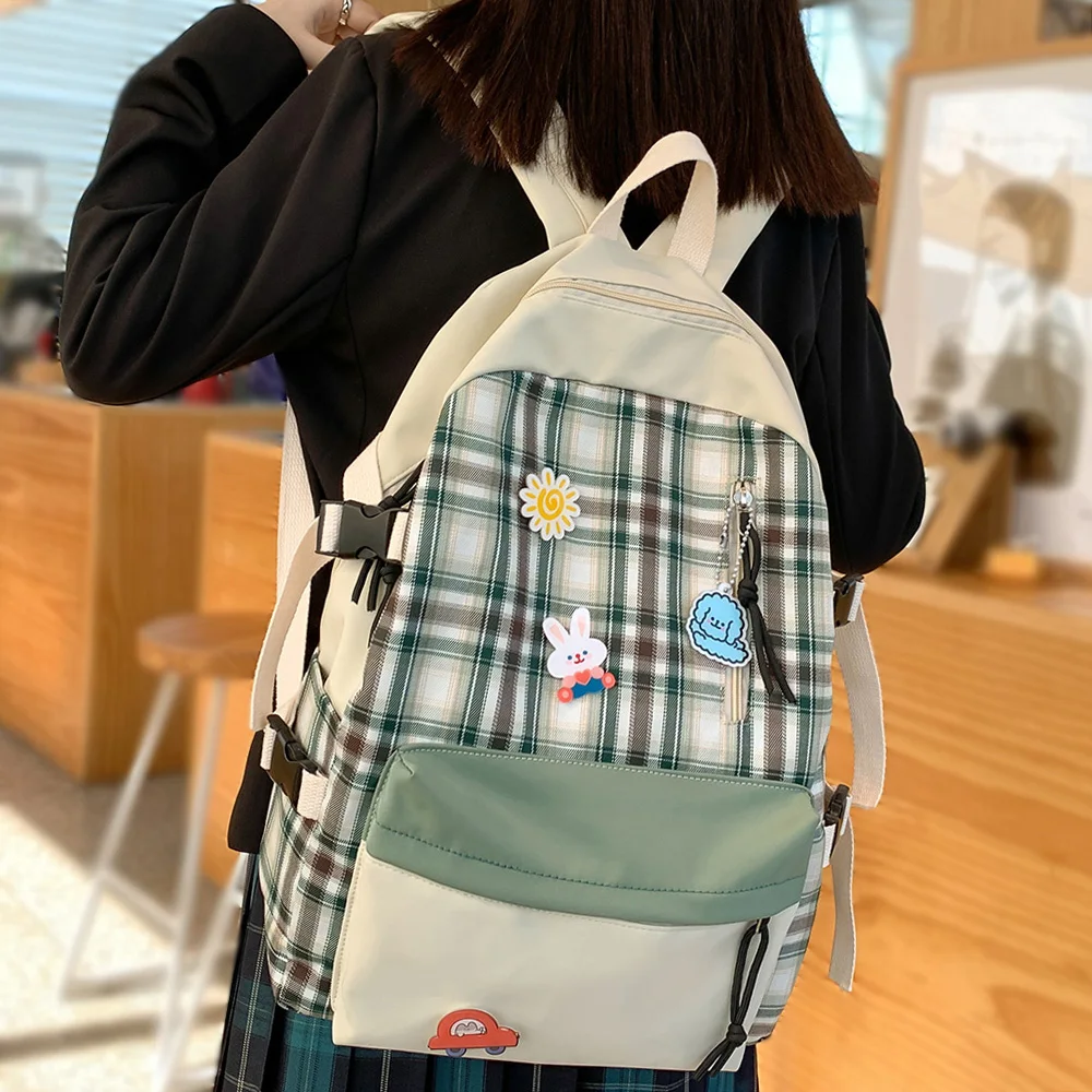 

Student Cotton Fabric Backpack Women Harajuku Female Plaid School Bag Fashion Girl Book Backpacks Lattice Kawaii Ladies Bag Cute