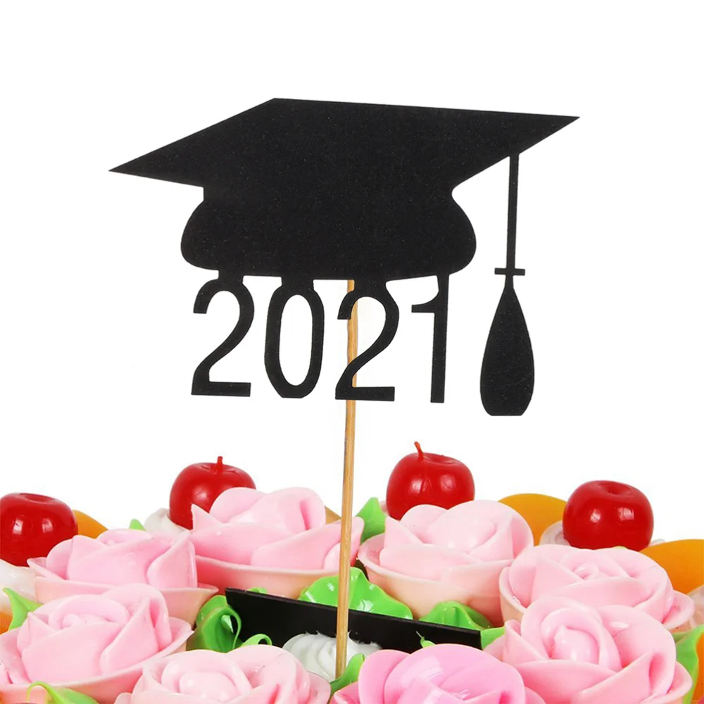 

1 Set 20 Pcs Class of 2021 Cake Decors Graduation Cap Cake Picks Toppers (Black)