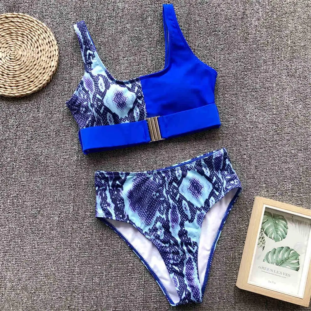 Blue Snake Print Черный леопардовый купальник с высокой талией, бикини, женский купальник, комплект бикини из двух предметов, сексуальный купальный костюм V1202L - Цвет: Blue Snake Print