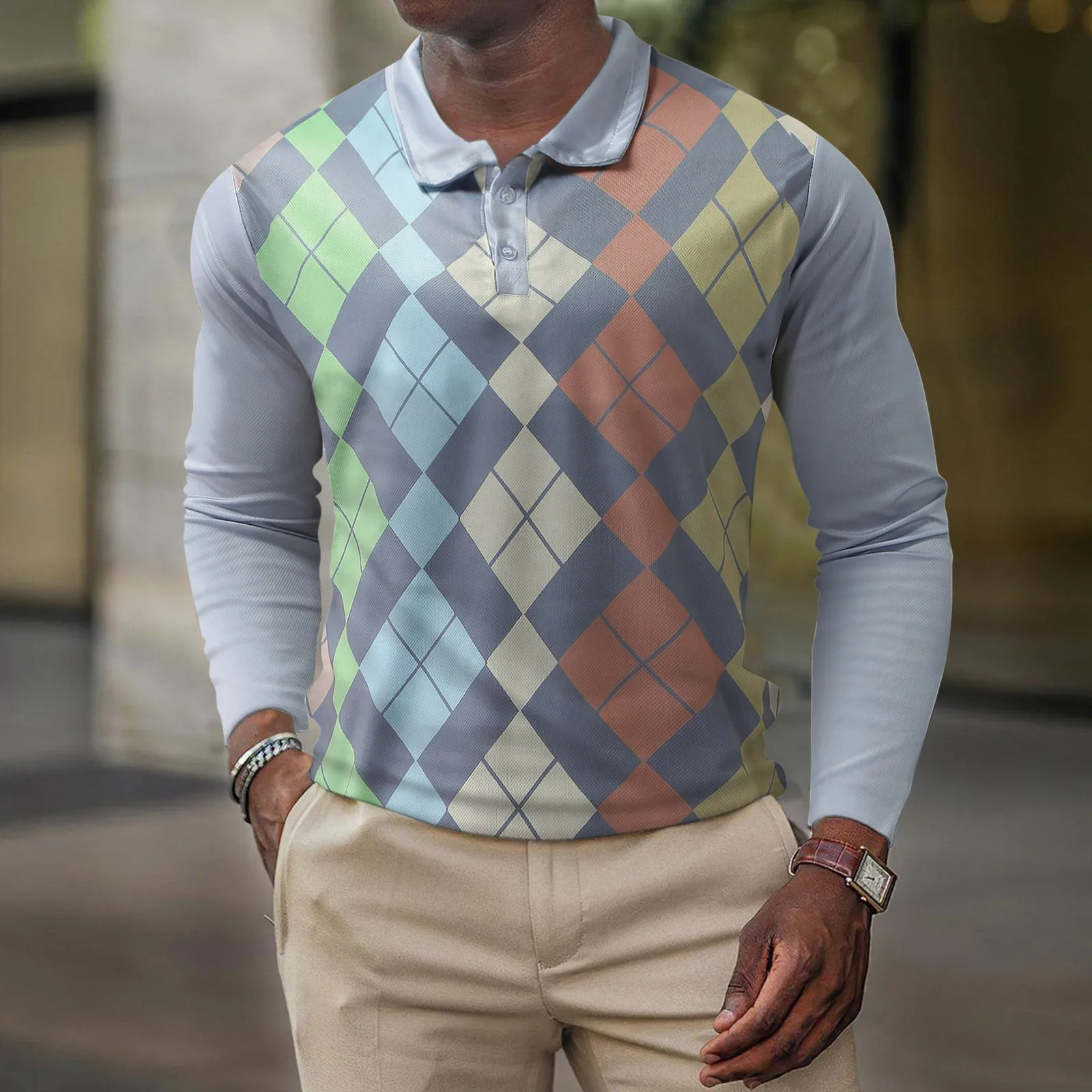 

Men Long Sleeve Polo Shirts 2021 Autumn And Winter Fashion Color Block Argyle Patchwork Casual Turn-down Collar Zipper Tee Tops