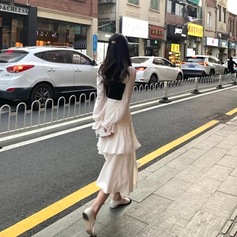 

Square Collar Elegant Y2k Dress Women Long Sleeve Slim White Dress Office Lady One Piece Dress Korea Bow Design 2021 Summer Chic
