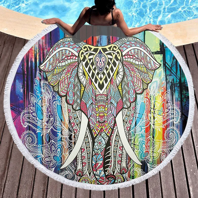 

150CM round beach towel with tassel digital printing bohemian microfiber bath towel yoga mat
