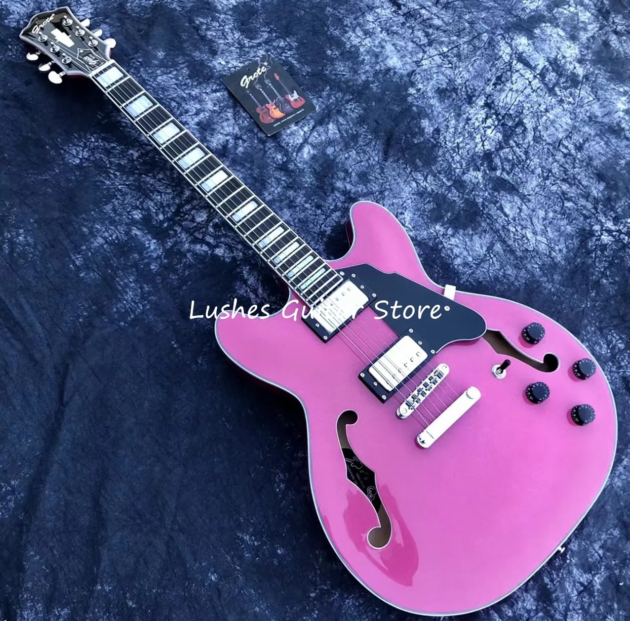

Grote розовая электрическая гитара полуполый корпус гитара, джазовая Модель многослойная связывающая, бесплатная доставка
