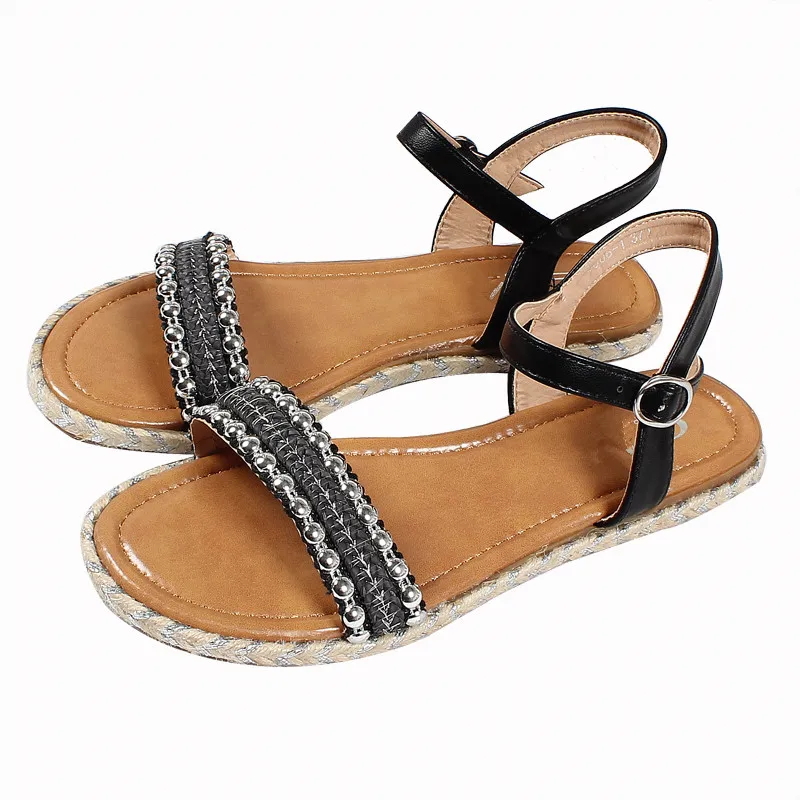 

Large Size Pearl Sandals Black Shoes for Women 2021 Summer Open Toe Buckle Strap Big Beige Gladiator Fashion Flat Girls Peep Com