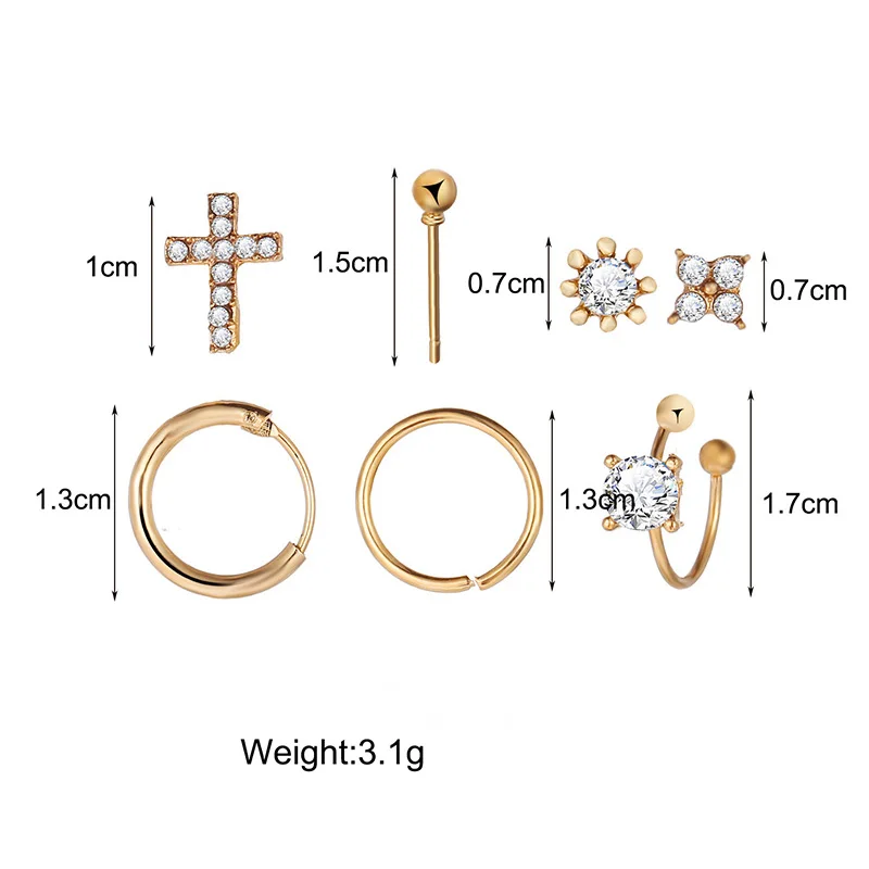 

7PCS Vintage Stud Earring Golden Cross Flower Crystal Women Earing Creative Jewelry for Women Clip Earrings Bohemian Accessories