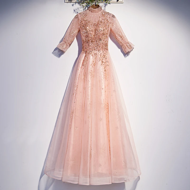 

Женское вечернее платье с блестками, элегантное розовое плиссированное платье-трапеция до пола с высоким воротником и рукавом до локтя, на ...