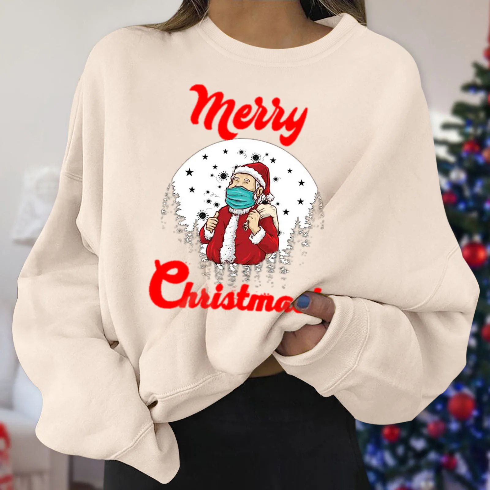 

Hot Christmas Women Sweatshirt Santa Claus Xmas O-neck Winter Warm Hoodies Top Jumper Cartoon Printed Thicken Shirt Top