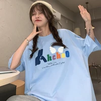 summer new mid length short sleeved blouse cute angel wings towel embroidered t shirt female summer dress
