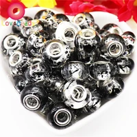 10pcs black color flower art print resin murano round rondelle spacer beads large holes fit bracelet snake chain jewelry making