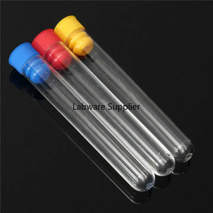 

200pcs 15x100mm Clear Plastic test tubes with plastic blue/red stopper push cap for school experiments and tests