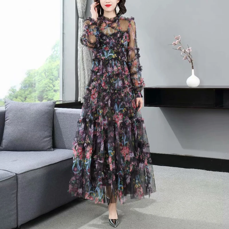 

Long Dress Designer Fashion Spring New Women'S Bohemian Vintage Elegant Long Sleeve Printed Mesh Casual Party Dresses