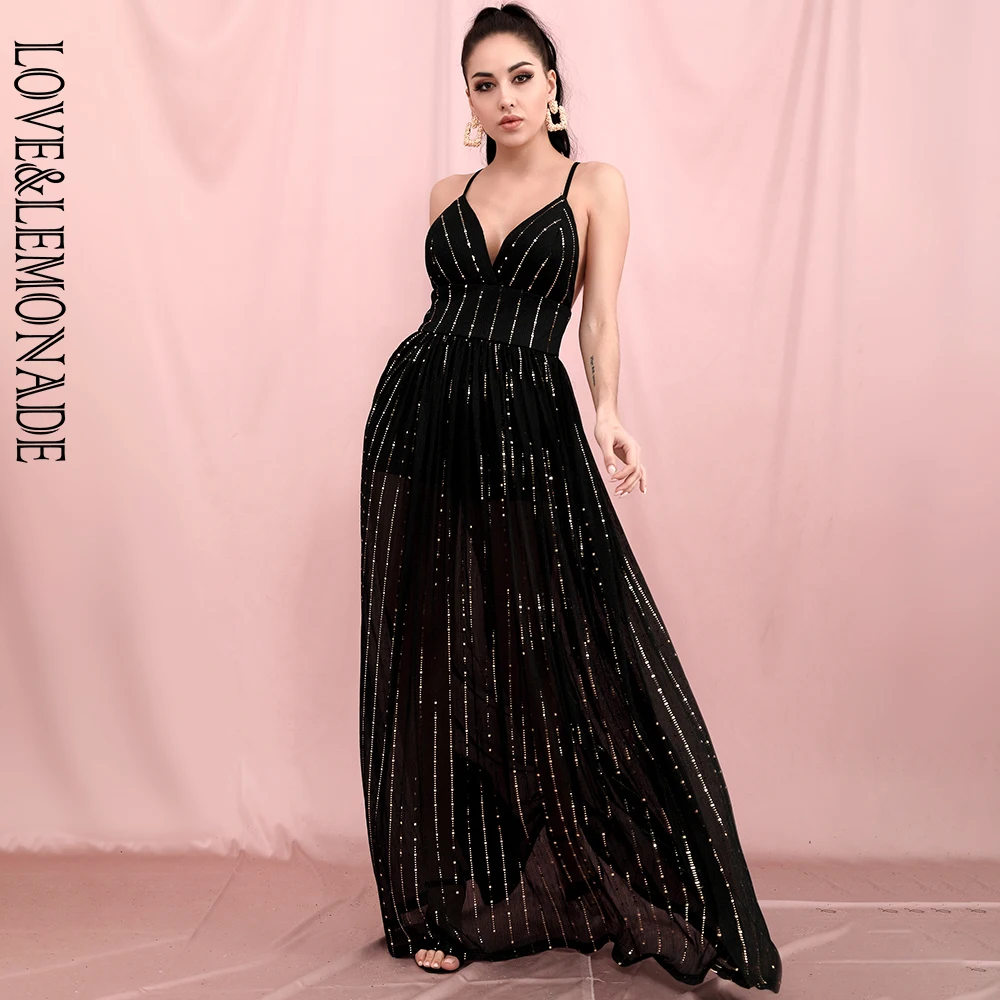 Женское платье с открытой спиной LOVE & LEMONADE длинное Сетчатое трапеция и V образным