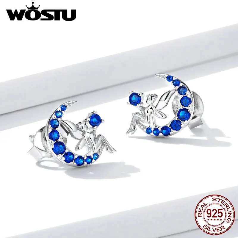 Серьги-гвоздики WOSTU Стерлинговое Серебро 925 пробы Голубой цирконий фея с Луной