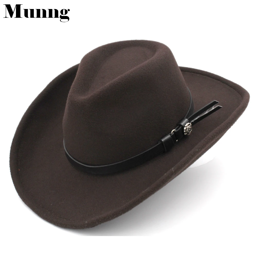 

Munng Fashion Unisex Wool Blend Western Cowboy Cap Top Hat Outdoor Wide Brim Beach Hat Jazz Sombrero Godfather Cap Black Belt
