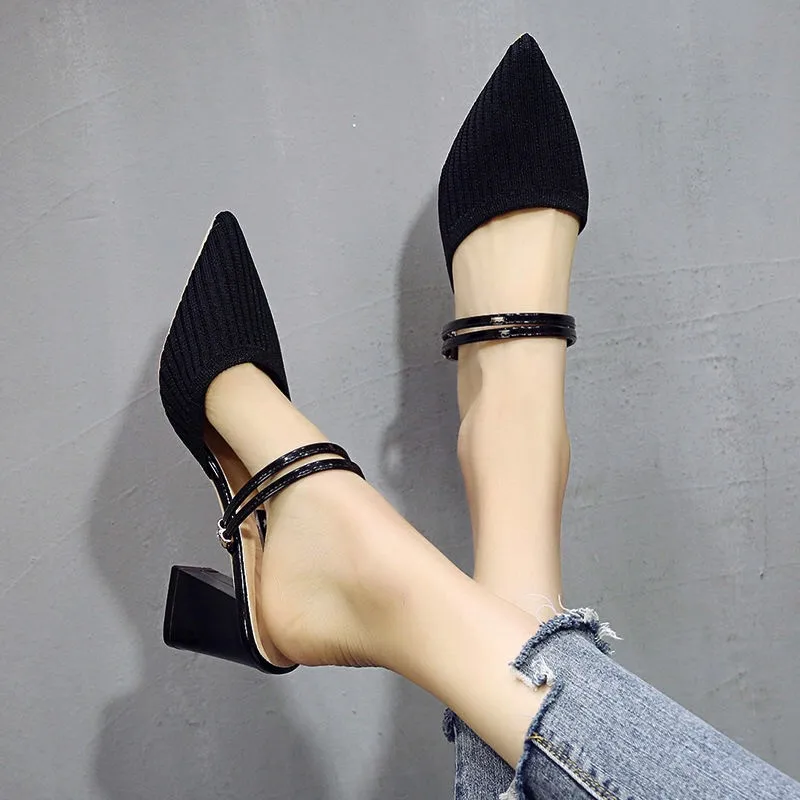 Мюли женские летние без задника туфли лодочки заостренный носок низкий каблук