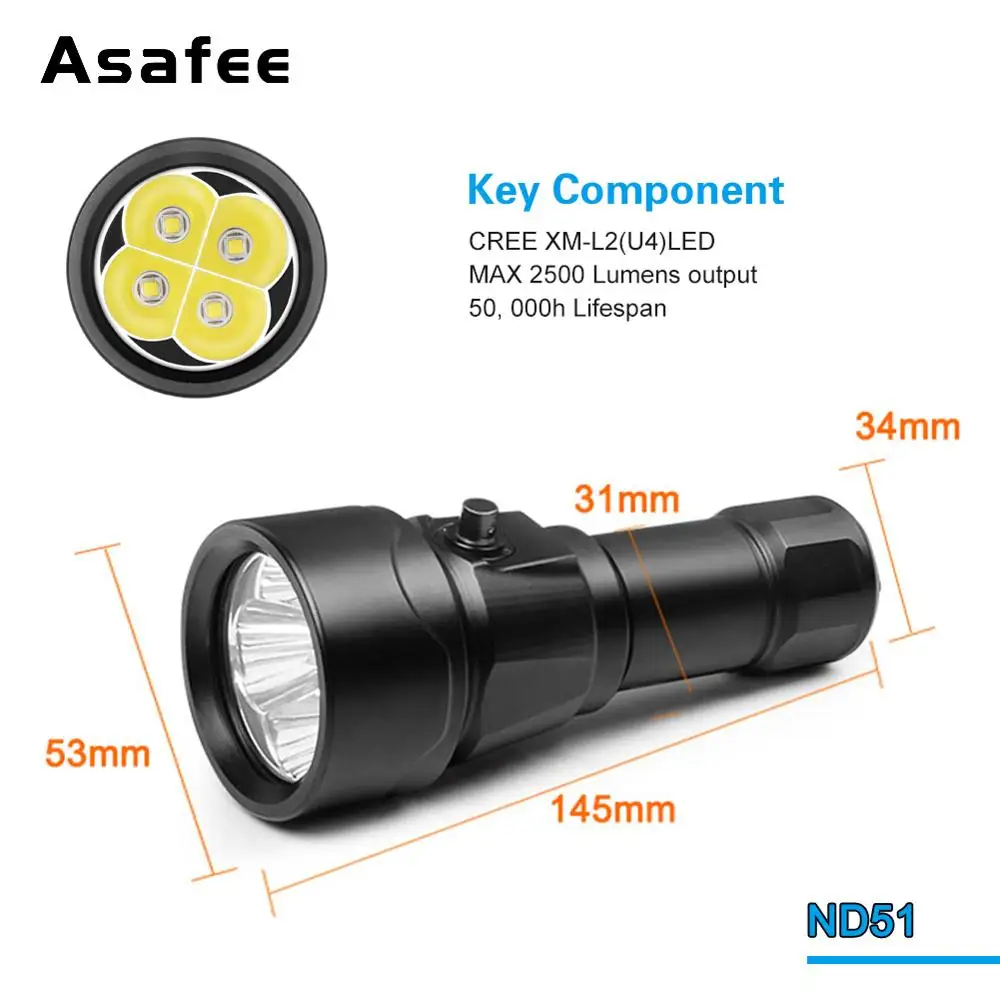 Asafee подводный фонарик светодиодный 2500 люмен Cree XM L L2 150 м Подводные