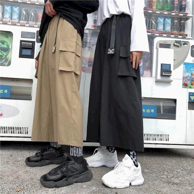 

Men Women‘s’ Cargo Pants Korean Techwear Loose Summer High Waist Hip Hop Casual Ankle-length Wide Leg Trousers Punk Streetwear