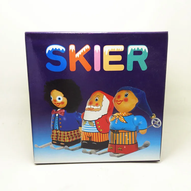 

[Funny] Adult Collection Retro Wind up toy Metal Tin moving Skier Ski girl robot Mechanical Clockwork toy figure model kids gift