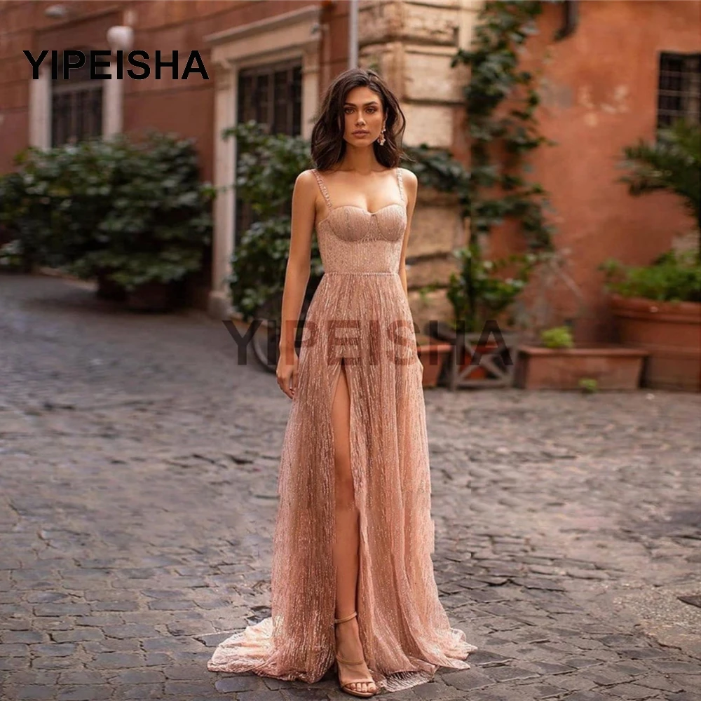 

Modern Dusty Pink Glitter A Line Long Prom Dresses Spaghetti Straps Sleeveless High Side Slit Floor Length Evening Gowns