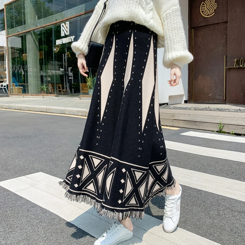 

Long Knitted Skirts Tassels Winter Retro Geometric A-line